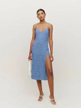 Reformation Blue Floral Slip Midi Dress